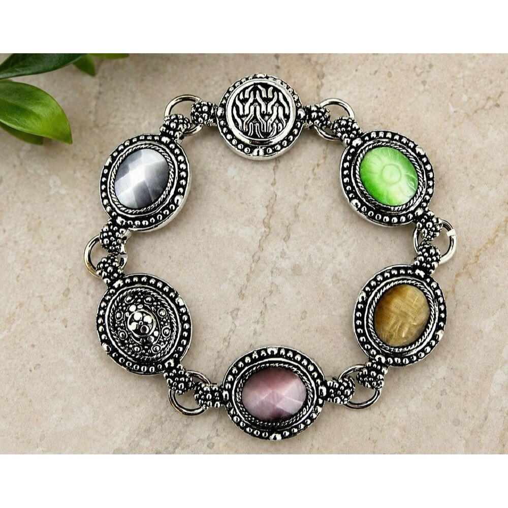 Vintage Boho Cat's Eye Stone Bracelet Antique Silver-tone Multi-color Artisan